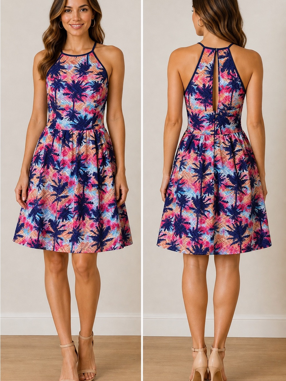 City Triangle XS Halter Fit & Flare Dress‎ Floral Lined Back Zip Summer